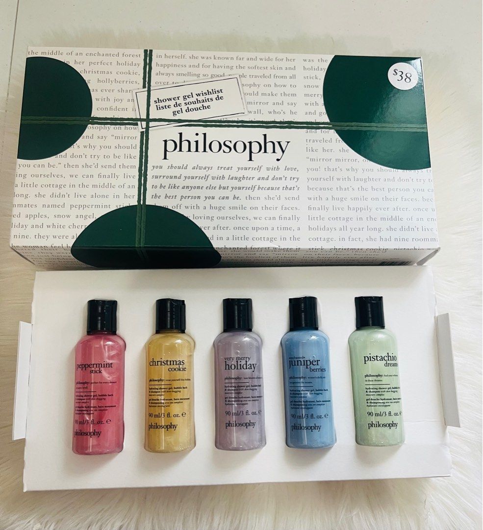 Philosophy SHOWER GEL set (Category: Bath) located in San Juan City. Submitted by cashfrancefashioncosmetics_ph (Listing ID 1367864500, Image 2). Description: Philosophy SHOWER GEL set Hydrating shower gel bubble bath &shampoo Stick Cookie Holiday Juniper berries Pistachio dream Size each 90ml .