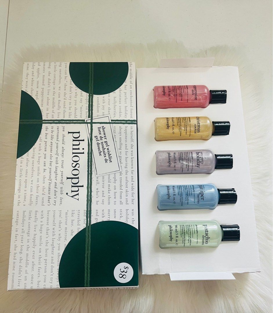 Philosophy SHOWER GEL set (Category: Bath) located in San Juan City. Submitted by cashfrancefashioncosmetics_ph (Listing ID 1367864500, Image 1). Description: Philosophy SHOWER GEL set Hydrating shower gel bubble bath &shampoo Stick Cookie Holiday Juniper berries Pistachio dream Size each 90ml .