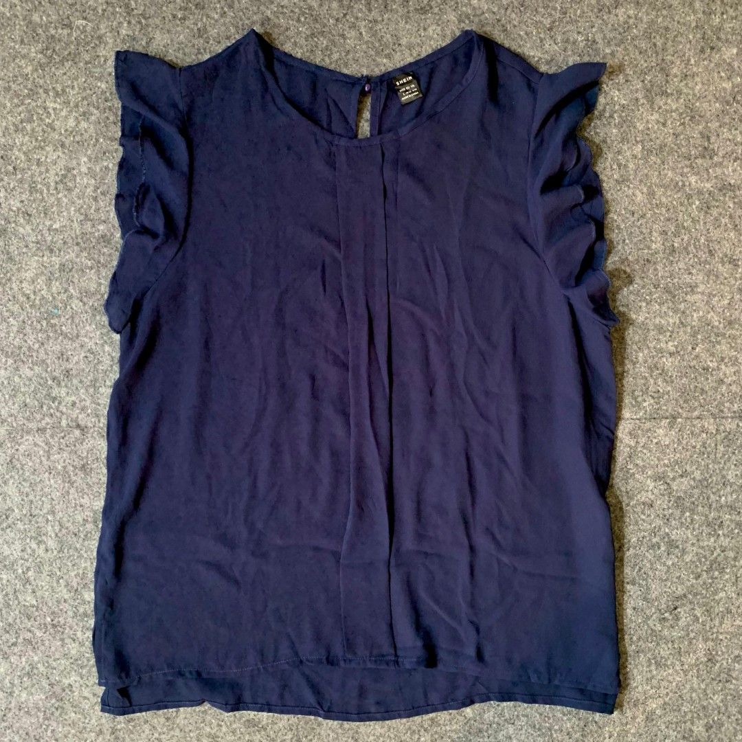 Shein Sleeveless Ruffle Blouse Navy Tanktop Branded not Zara HNM  Stradivarius Bershka Pull n Bear