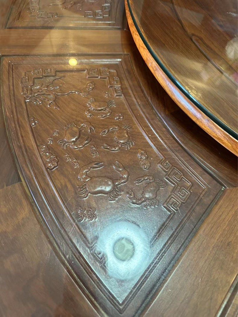 Solid wood dining set (Category: Tables & Sets) located in Singapore. Submitted by alancoffee (Listing ID 1368009713, Image 3). Description: 📣｜Solid Wood Round Dining Table 🍻 Diameter is around 1.4 meters, comes with 6 matching solid wood chairs. My father-in-law is reluctant to sell it, but our new home is too small to fit it. If you’re interested, give me a shout ❤️ ◾️We spent over $8000 including delivery when we bought it. Now it’s going fo