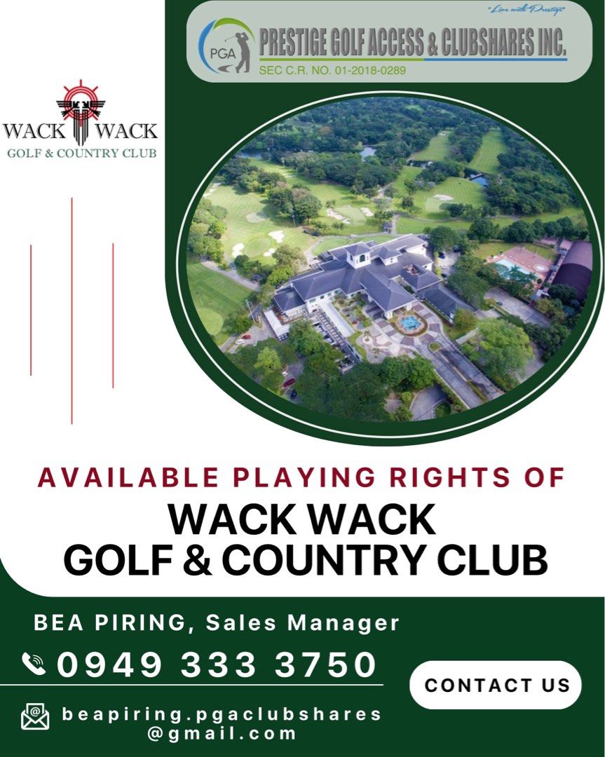 📍WACK WACK GOLF PLAYING RIGHTS (Category: Golf) located in Muntinlupa City. Submitted by beapring.pgaclubshares (Listing ID 1367943643, Image 1). Description: Hi! This is Bea from PGA Clubshares, Inc. We currently have available playing rights for WACK WACK GOLF & COUNTRY CLUB. Feel free to contact me for a sample breakdown..