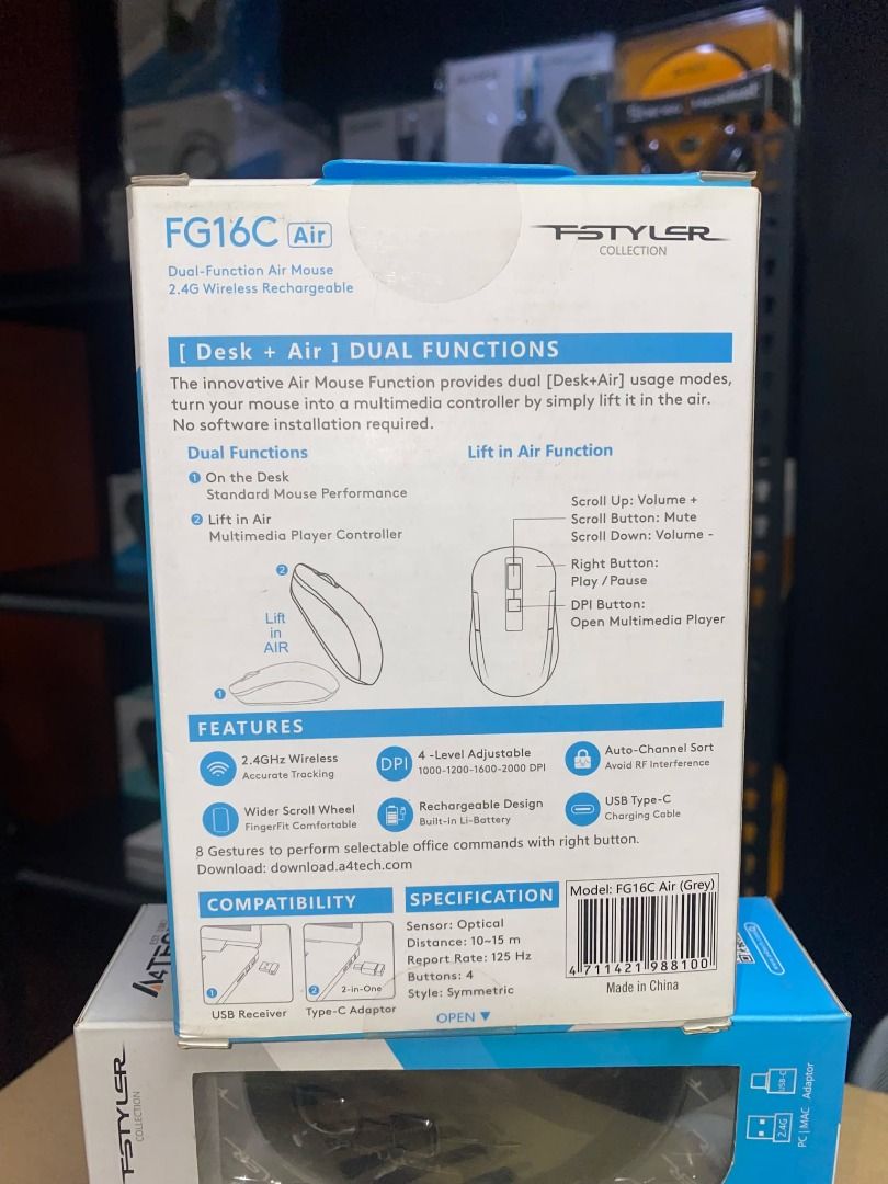 A4Tech FG16C Air Fstyler Wireless Rechargeable Mouse + Type-C Adapter Grey (Category: Mouse & Mousepads) located in Pasig City. Submitted by lyntoledo222-50488 (Listing ID 1368184990, Image 2). Description: A4Tech FG16C Air Fstyler Wireless Rechargeable Mouse + Type-C Adapter Grey BRAND-NEW / ORIGINAL WE ACCEPT BULK-ORDER LOCATION: SHAW BLVD PASIG WE ACCEPT STORE WALK-IN LALAMOVE,GRAB COD OR NON COD DELIVERY OPEN MONDAY TO SUNDAY OPEN FOR NIGHT T