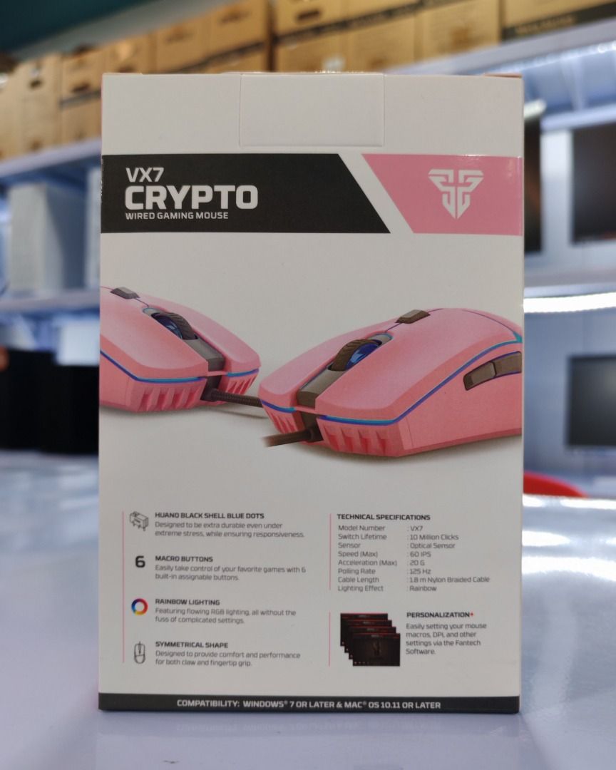 Brandnew Fantech CRYPTO VX7 (Category: Mouse & Mousepads) located in Cavite. Submitted by donaldfranco1989 (Listing ID 1368142156, Image 2). Description: Instant Optical Sensor Up to 60 IPS / 15G Acceleration Resolution: 200-8,000 DPI 125Hz Polling Rate Huano 10 Million Clicks Lifetime 4 Colors LED Six Independently Programmable Buttons 1.8m Nylon Braided USB Cable Size: 128mm x 68mm x 41mm Connectivity: Wired Sensor Type: Optical Adjustable LOD: