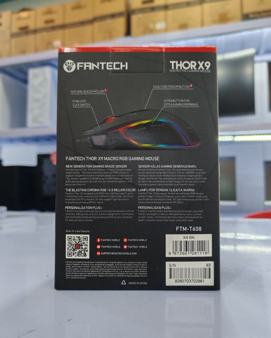 Brandnew FANTECH THOR X9 (Category: Mouse & Mousepads) located in Cavite. Submitted by donaldfranco1989 (Listing ID 1368142629, Image 2). Description: Optical Gaming Sensor Up to 60 IPS / 15G Acceleration On-the-fly Adjustable DPI 200-4,800 DPI 125Hz Polling Rate Huano 10 Million Clicks Lifetime RGB 12 Spectrum Mode 6D Programmable Buttons 1.8m Nylon Braided USB Cable Size: 122mm x 68mm x 40mm.