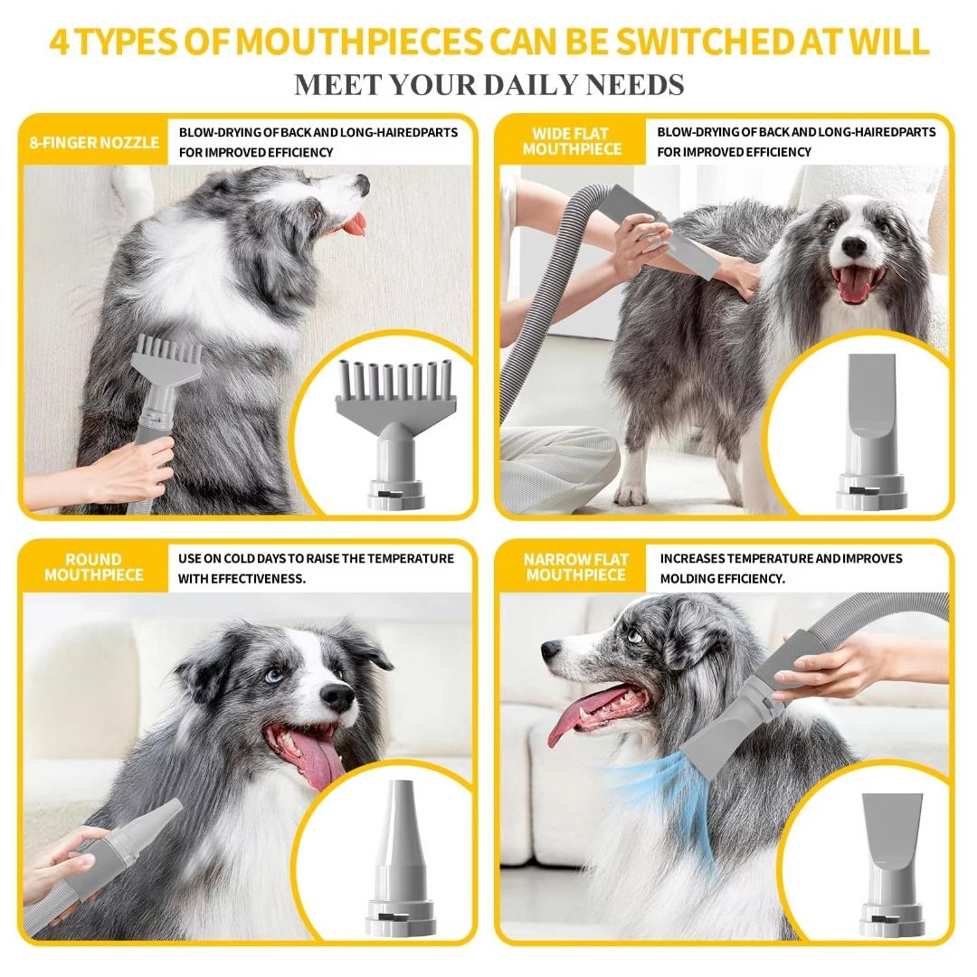 Pet Hair Dryer Pet Water Dryer Machine Automatic Mute Hair Dryer Hair Blowing Dryer For Large Dog (Category: Health & Grooming) located in Singapore. Submitted by wackywares (Listing ID 1368103484, Image 2). Description: Power :1200-2800W Motor can be customized (110V/220V/230V) Frequency :50/60 Hz Product accessories: mouthpiece *4, hose *1 Hose length :76-230cm Maximum temperature :60℃℃(affected by ambient temperature) Maximum wind speed :72 m/