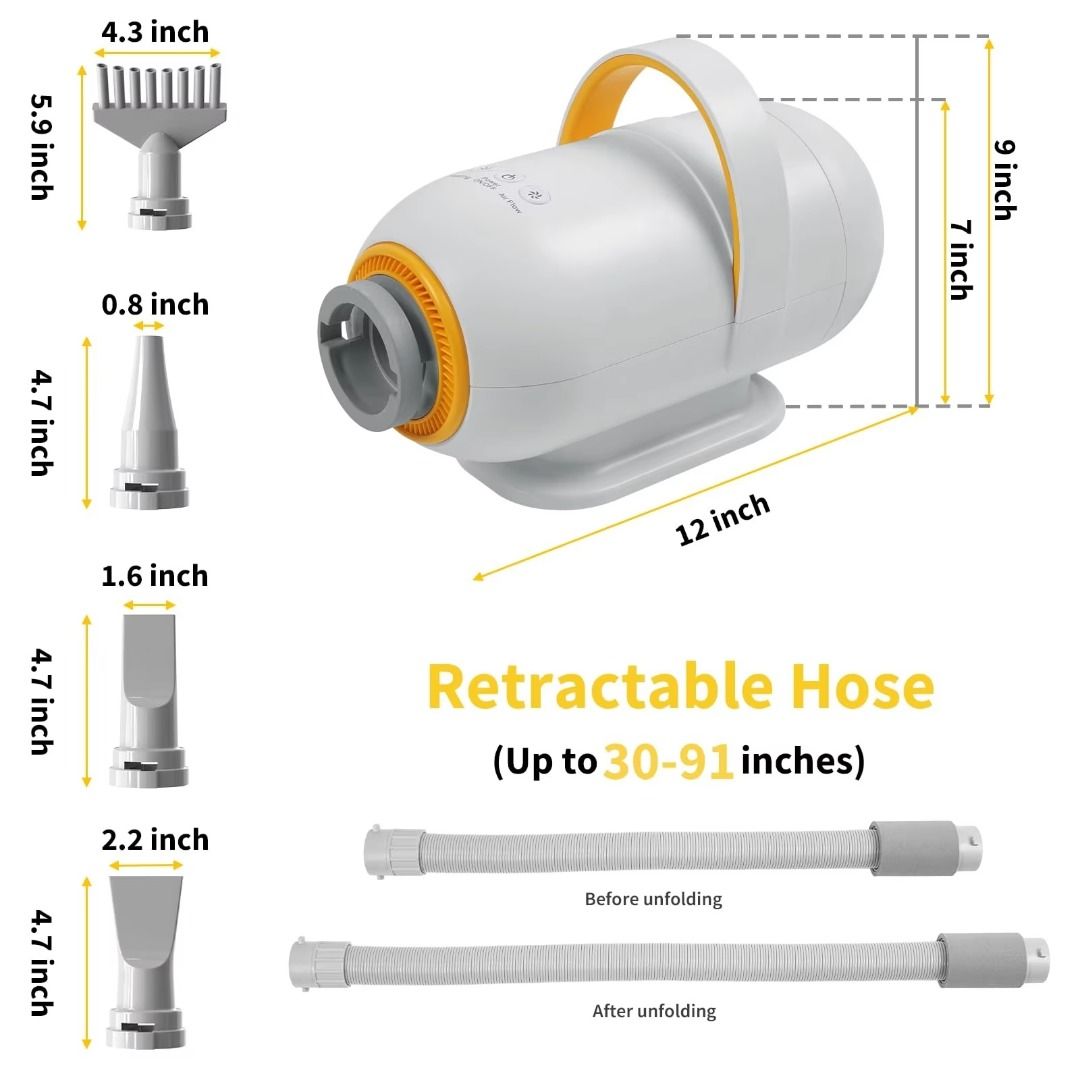 Pet Hair Dryer Pet Water Dryer Machine Automatic Mute Hair Dryer Hair Blowing Dryer For Large Dog (Category: Health & Grooming) located in Singapore. Submitted by wackywares (Listing ID 1368103484, Image 1). Description: Power :1200-2800W Motor can be customized (110V/220V/230V) Frequency :50/60 Hz Product accessories: mouthpiece *4, hose *1 Hose length :76-230cm Maximum temperature :60℃℃(affected by ambient temperature) Maximum wind speed :72 m/