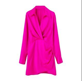 Pink Long-Sleeved Silk Dress Beautiful Work Elegant Conservative Evening  Party Dinner Fuchsia Hot Dark Pink