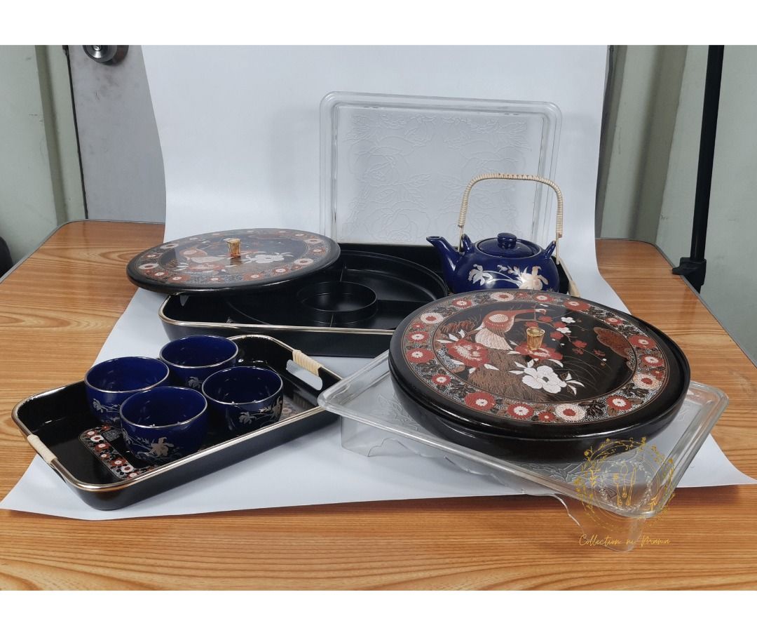 Vintage 1980s Japanese Tea Set (Category: Coffee & Tea Tableware) located in Manila. Submitted by collectionnimama (Listing ID 1368164499, Image 2). Description: • Vintage 1980s Japanese Tea Set • 1pc Tea Pot • 4pcs Tea Cups • 2pcs Black Lacquer Candy Dish Tea Tray • 2pcs Black Lacquer Serving Tray • 2pcs Japanese Sakura acrylic serving tray (free) • Condition: Brand New, Vintage, Never Been Used, Has Discoloration, • Decluttering • As is where i