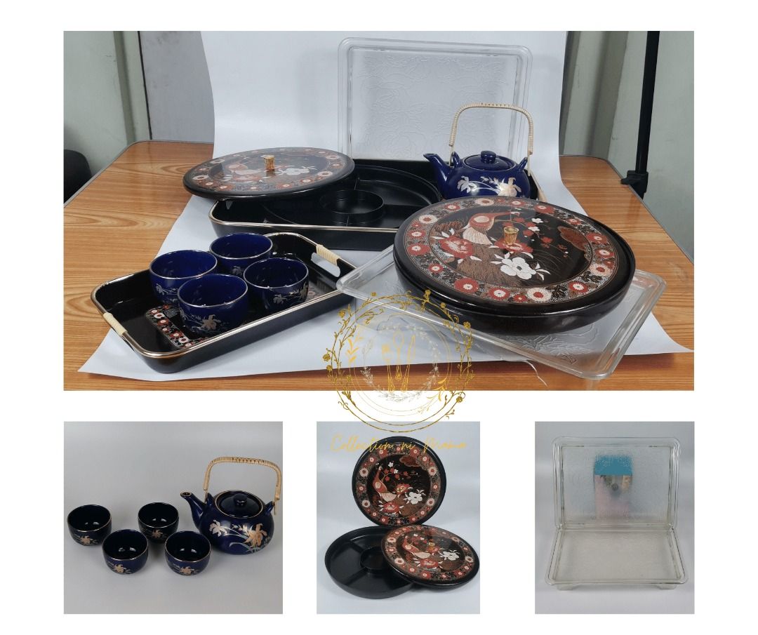 Vintage 1980s Japanese Tea Set (Category: Coffee & Tea Tableware) located in Manila. Submitted by collectionnimama (Listing ID 1368164499, Image 1). Description: • Vintage 1980s Japanese Tea Set • 1pc Tea Pot • 4pcs Tea Cups • 2pcs Black Lacquer Candy Dish Tea Tray • 2pcs Black Lacquer Serving Tray • 2pcs Japanese Sakura acrylic serving tray (free) • Condition: Brand New, Vintage, Never Been Used, Has Discoloration, • Decluttering • As is where i