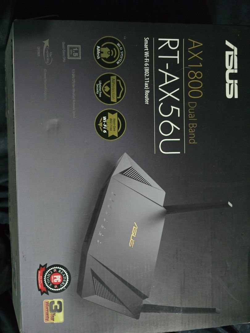 Ax56u asus router (Category: Networking) located in Singapore. Submitted by Car0u5e11. (Listing ID 1372465742, Image 2). Description: ax1800 dual band. come with box and adaptor..