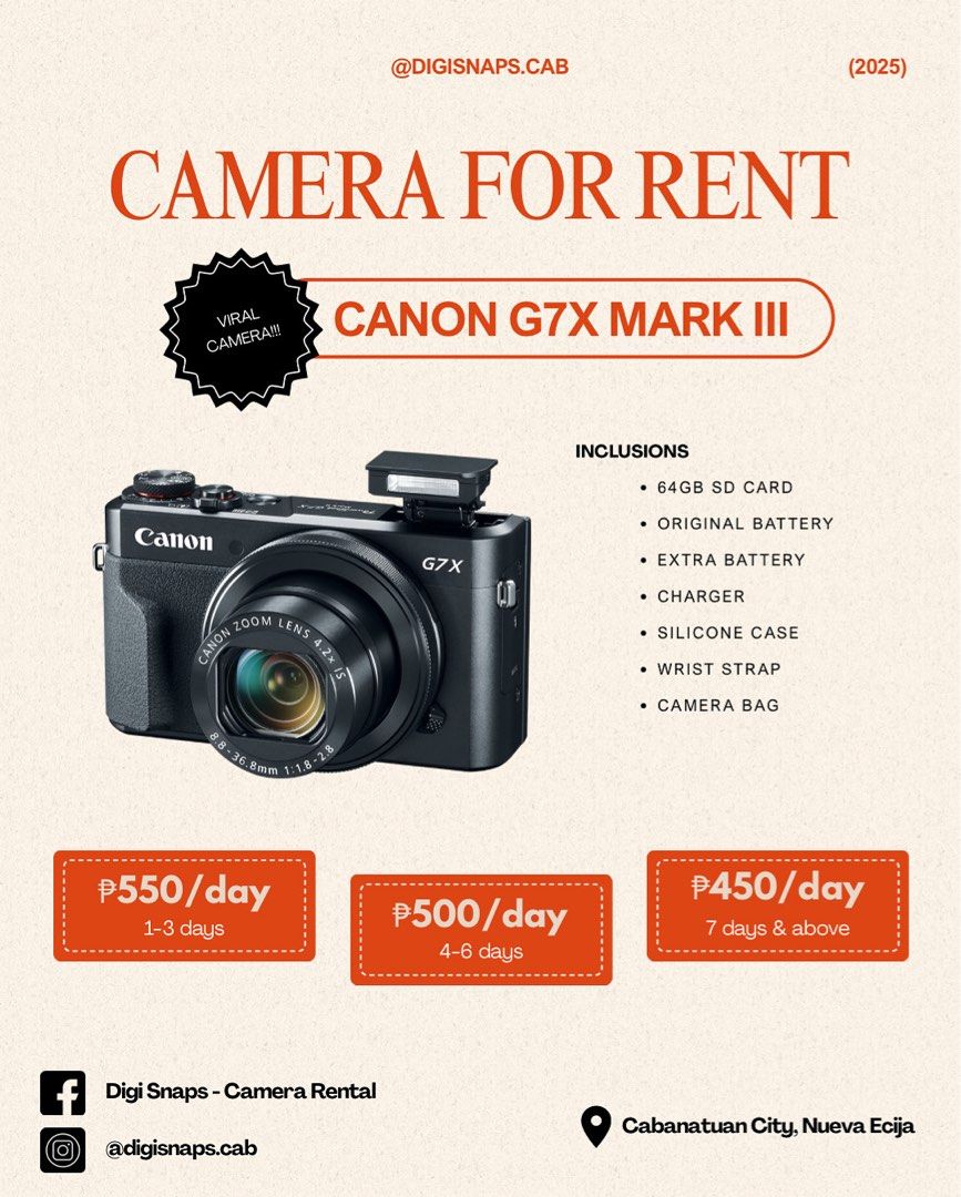 CANON G7X MARK III FOR RENT (Category: Cameras) located in Cabanatuan. Submitted by camsygel (Listing ID 1372354952, Image 1). Description: 📍Cabanatuan City, Nueva Ecija DM us on IG for faster transactions: @digisnaps.cab.