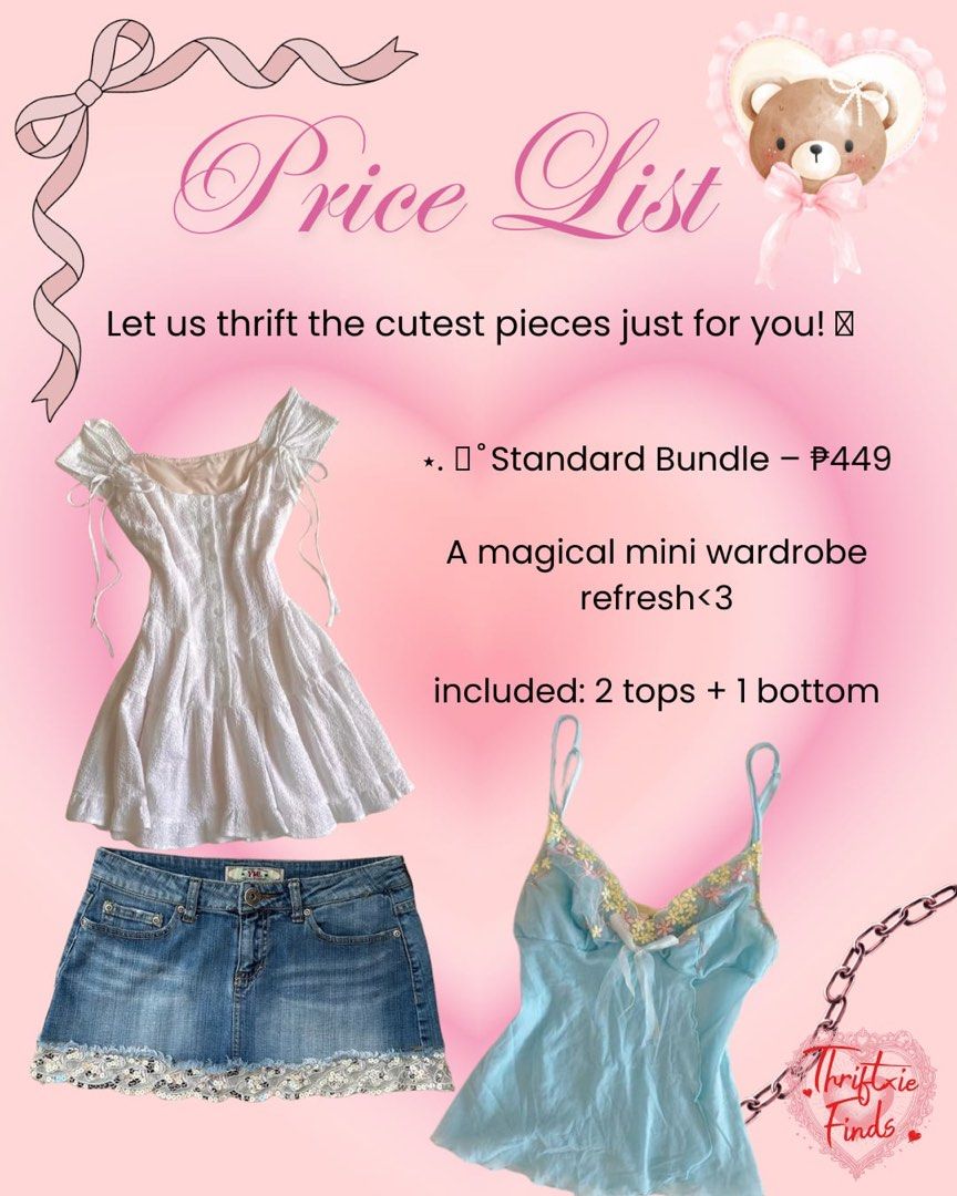Customized Style Bundle (coquette, dollete, acubi, goth etc.) (Category: Others Tops) located in Manila. Submitted by thriftxie.finds (Listing ID 1372293956, Image 3). Description: visit our ig acc @pixie.thriftxie for more info🍓 ₱299 starting price.