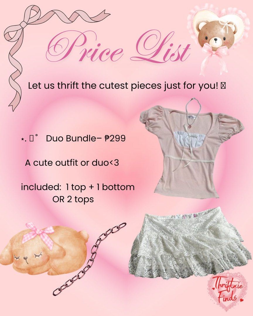 Customized Style Bundle (coquette, dollete, acubi, goth etc.) (Category: Others Tops) located in Manila. Submitted by thriftxie.finds (Listing ID 1372293956, Image 2). Description: visit our ig acc @pixie.thriftxie for more info🍓 ₱299 starting price.