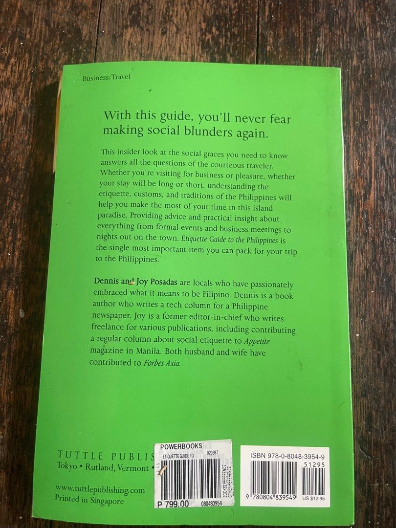 Etiquette Guide to the Philippines (Category: Textbooks) located in Manila. Submitted by radvelarde (Listing ID 1372320585, Image 2). Description: Original price is 799 from Powerbooks The book in the image is titled “Etiquette Guide to the Philippines: Know the Rules That Make the Difference!” by Dennis Posadas and Joy Posadas. This guide is designed to help travelers and business people navigate Filipino customs and etiquette. .
