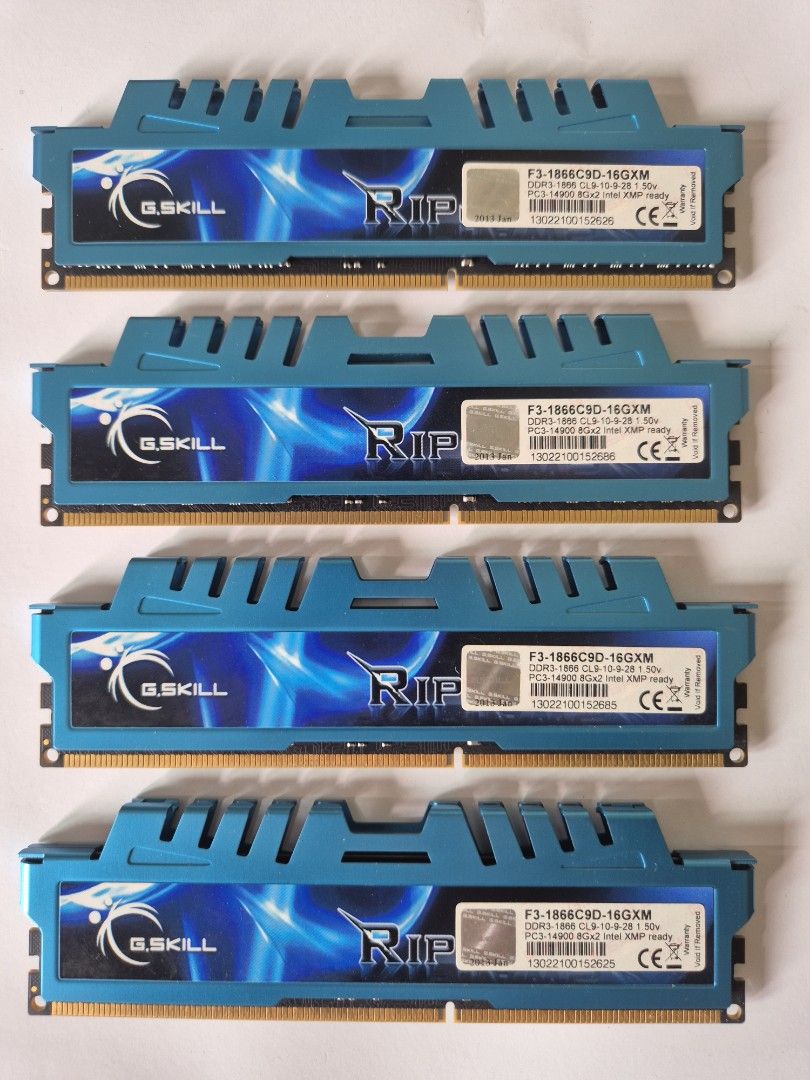 G.Skill Ripjaws X DDR3-1866 4x8GB (total 32GB) (Category: Computer Parts) located in Singapore. Submitted by thomas98357 (Listing ID 1372354174, Image 1). Description: Can't remember if originally 1 single kit of 4 or 2 single kits of 2. Might not reached advertised 1866 speed (no recall about that either)..
