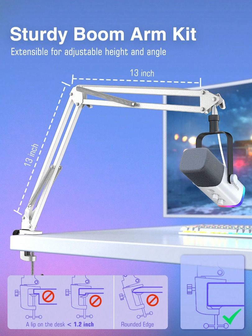 INSTOCK-  FIFINE AM8T USB/XLR Microphone Kit With Boom Arm Stand,Dynamic PC Mic With Controllable RGB/Headphone Jack/Mute Button,For Gaming Streaming Recording- White Microphone Kit62863111124867113