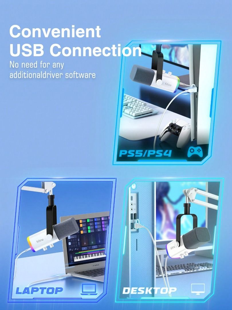 INSTOCK-  FIFINE AM8T USB/XLR Microphone Kit With Boom Arm Stand,Dynamic PC Mic With Controllable RGB/Headphone Jack/Mute Button,For Gaming Streaming Recording- White Microphone Kit62863111124867114