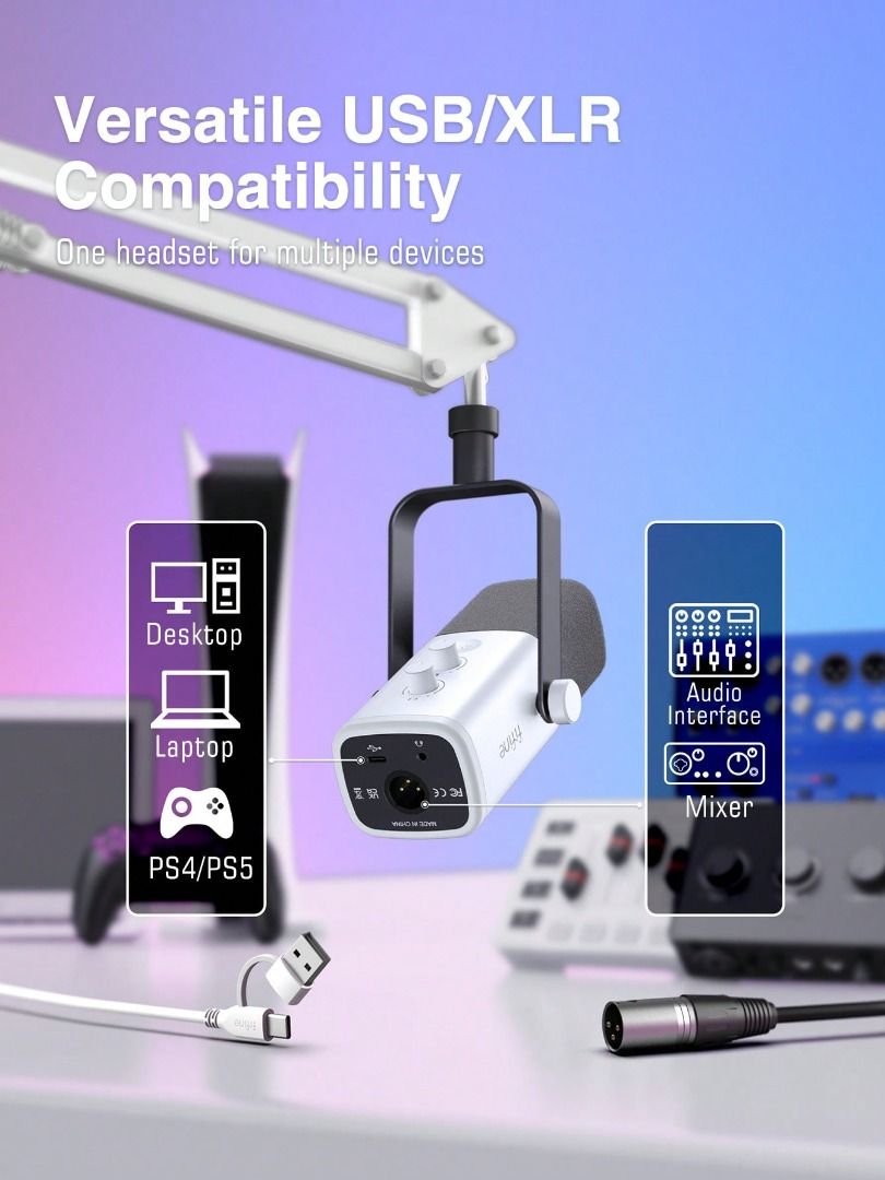 INSTOCK-  FIFINE AM8T USB/XLR Microphone Kit With Boom Arm Stand,Dynamic PC Mic With Controllable RGB/Headphone Jack/Mute Button,For Gaming Streaming Recording- White Microphone Kit62863111124867111