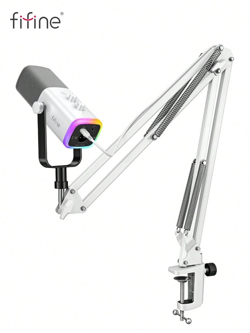 INSTOCK-  FIFINE AM8T USB/XLR Microphone Kit With Boom Arm Stand,Dynamic PC Mic With Controllable RGB/Headphone Jack/Mute Button,For Gaming Streaming Recording- White Microphone Kit62863111124867119