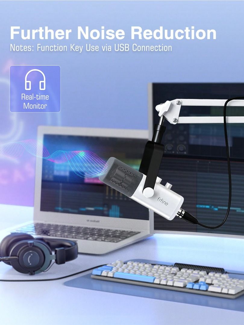 INSTOCK-  FIFINE AM8T USB/XLR Microphone Kit With Boom Arm Stand,Dynamic PC Mic With Controllable RGB/Headphone Jack/Mute Button,For Gaming Streaming Recording- White Microphone Kit62863111124867112