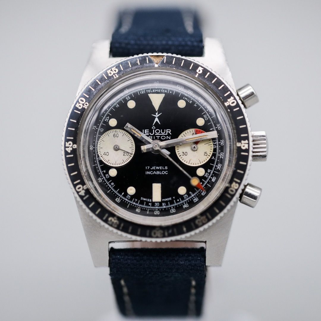 Le Jour Triton Chronograph (Category: Luxury Watches) located in Calamba. Submitted by nikkoneko86 (Listing ID 1372326592, Image 1). Description: up for sale is a rare collector's piece - 1960s Le Jour Chronograph 38mm SS case, 19mm lug width, screw down caseback, original pushers and crown, nicely aged dial and hands, fitted with an aftermarket blue fabric strap. Landeron 248 manual wound movement checked and serviced, keeps good time for vintag