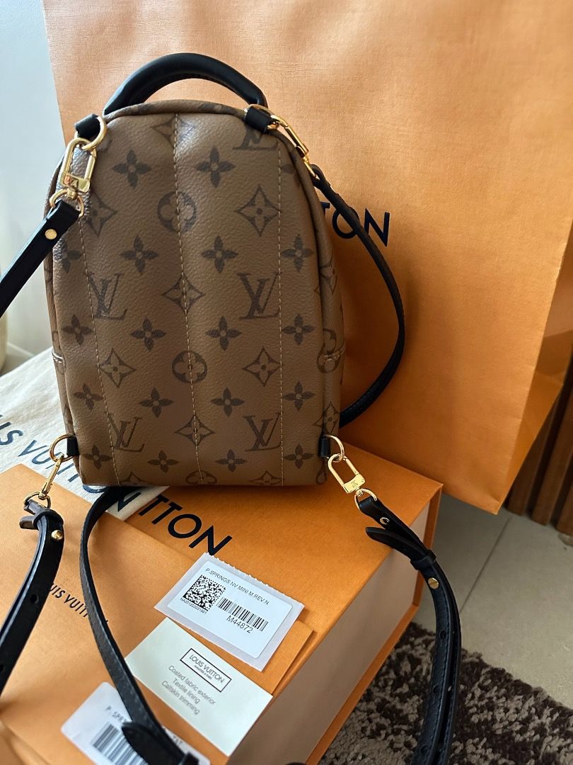 LOUIS VUITTON Palm Spring Mini (Category: Luxury Bags & Wallets) located in Quezon City. Submitted by istaytside (Listing ID 1372338083, Image 3). Description: LOUIS VUITTON Palm Spring Mini The Palm Springs Mini gives a fresh twist to the backpack, transforming a utilitarian staple into an on-point city bag. An essential accessory for sporty urban nomads, this charming model is crafted from Reverse Monogram canvas with soft leather trim and gold