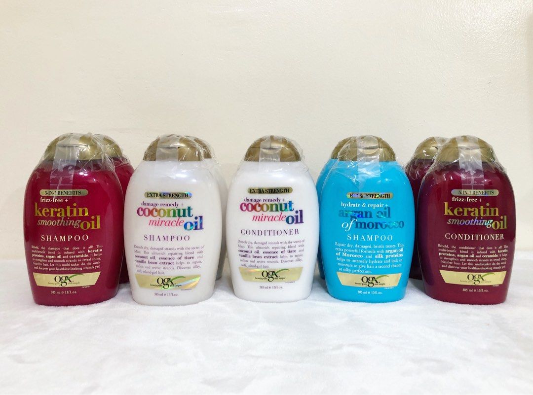 OGX Shampoo & Conditioner from 🇺🇸 (Category: Hair) located in Mandaluyong City. Submitted by Thriftdiva (Listing ID 1372370046, Image 1). Description: ✨Original Bought in California USA🗽🇺🇸 ✨PH Onhand 💯% money back guarantee if proven fake. 💯% Good Quality 💯% Brand New ‼️ NO RETURN/ REFUND 🚛 JNT/ LALAMOVE 💸 GCASH -385ML -Keratin Smoothing Oil -Argan Oil of Morocco -Coconut Miracle Oil.