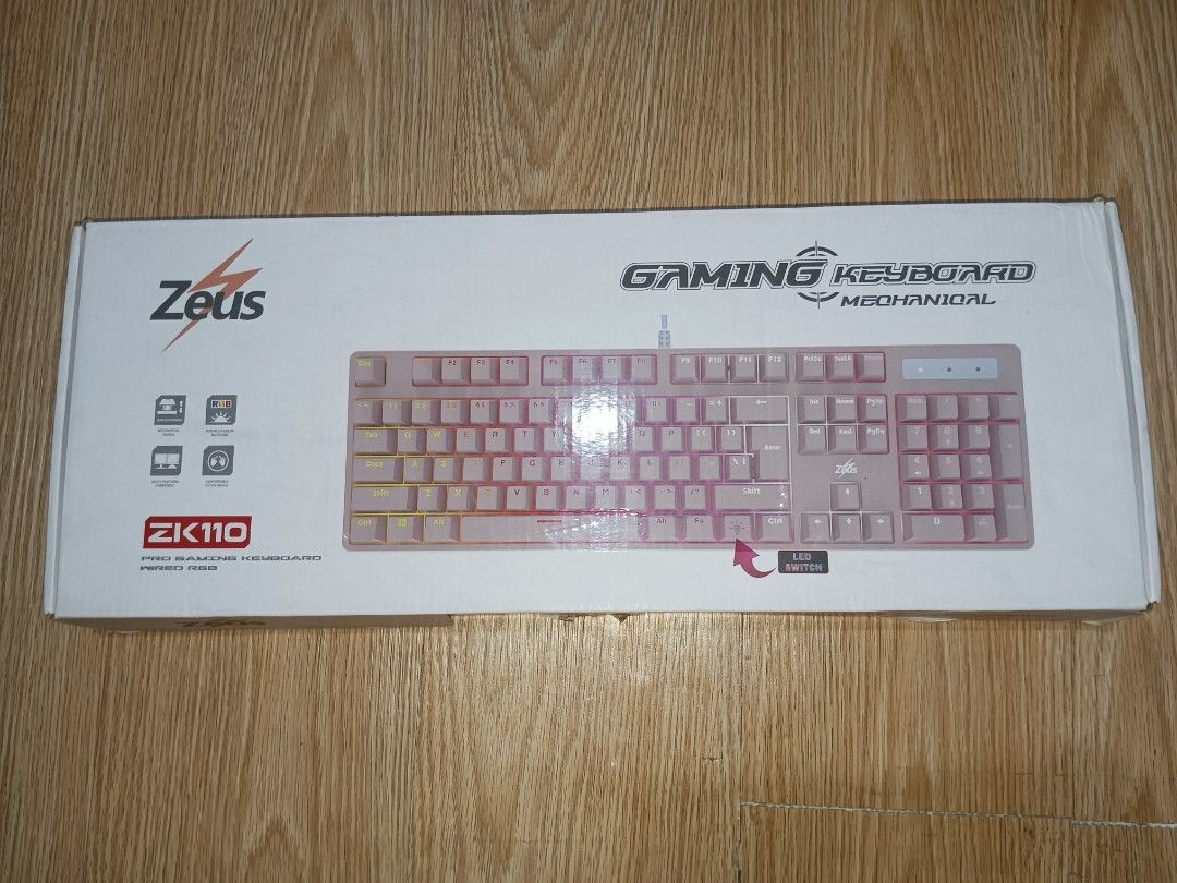 Zeus Pink Wired Gaming Mechanical Keyboard (Category: Computer Keyboard) located in Imus. Submitted by julien.ph (Listing ID 1366488933, Image 2). Description: MODEL: zeus ZK110 May ilang keys na kailangan i-press hard, but it still works..