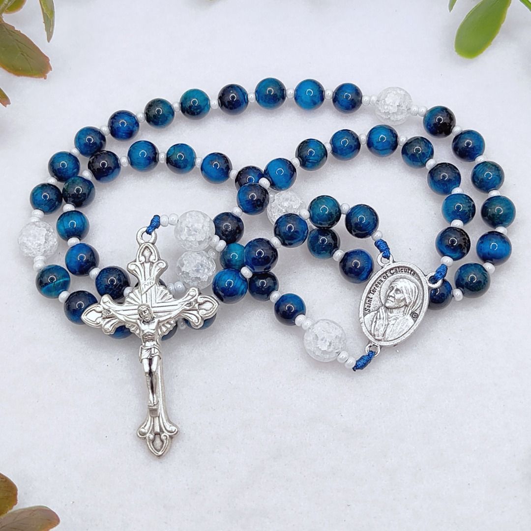 Saint Teresa of Calcutta Rosary - Blue Tiger Eye, Cracked White Glass ...