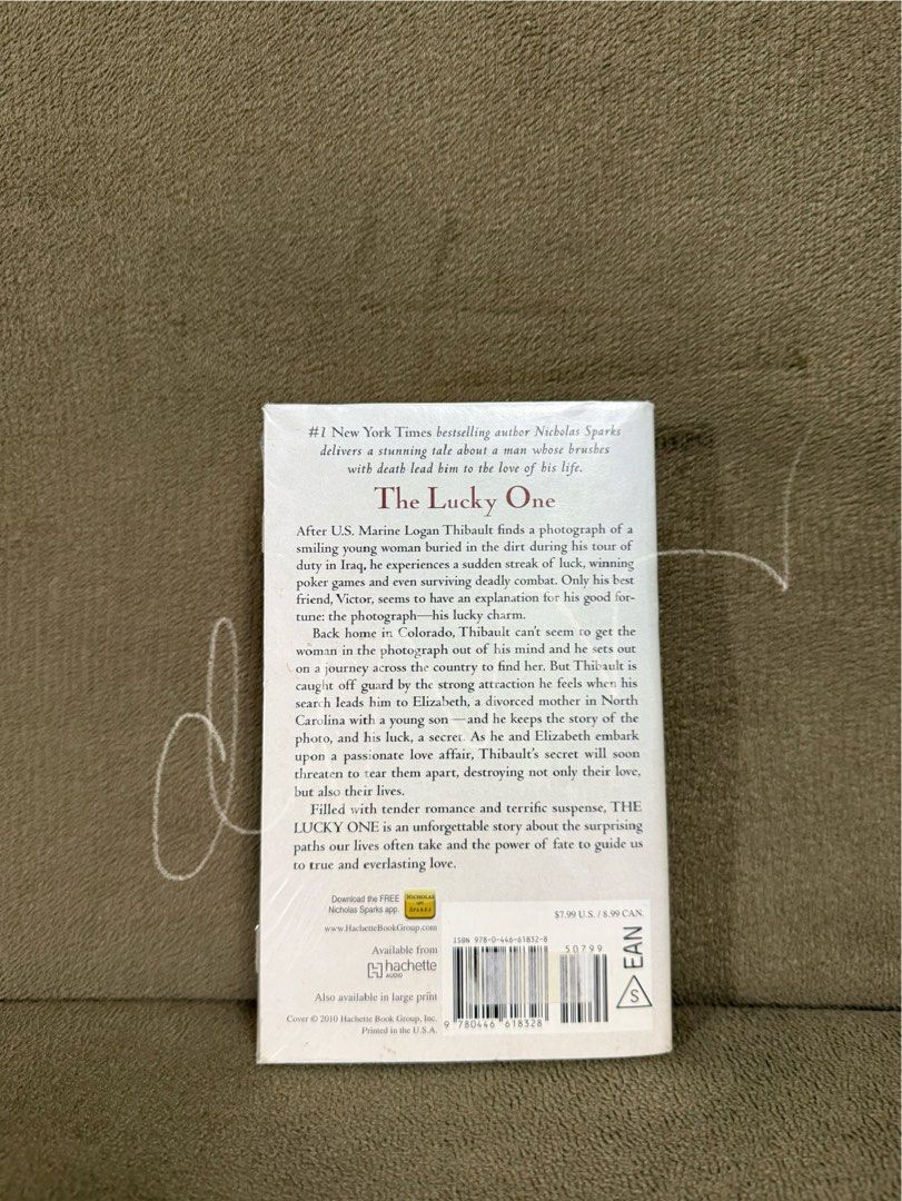 The Lucky One by Nicholas Sparks (Category: Storybooks) located in Rizal. Submitted by ukaysstst (Listing ID 1372409089, Image 2). Description: ‣ The Lucky One (Nicholas Sparks) – ₱100 🐾 A soldier finds a photo of a woman during war—and it leads him on a journey of destiny and love. Classic Sparks, with emotional depth..