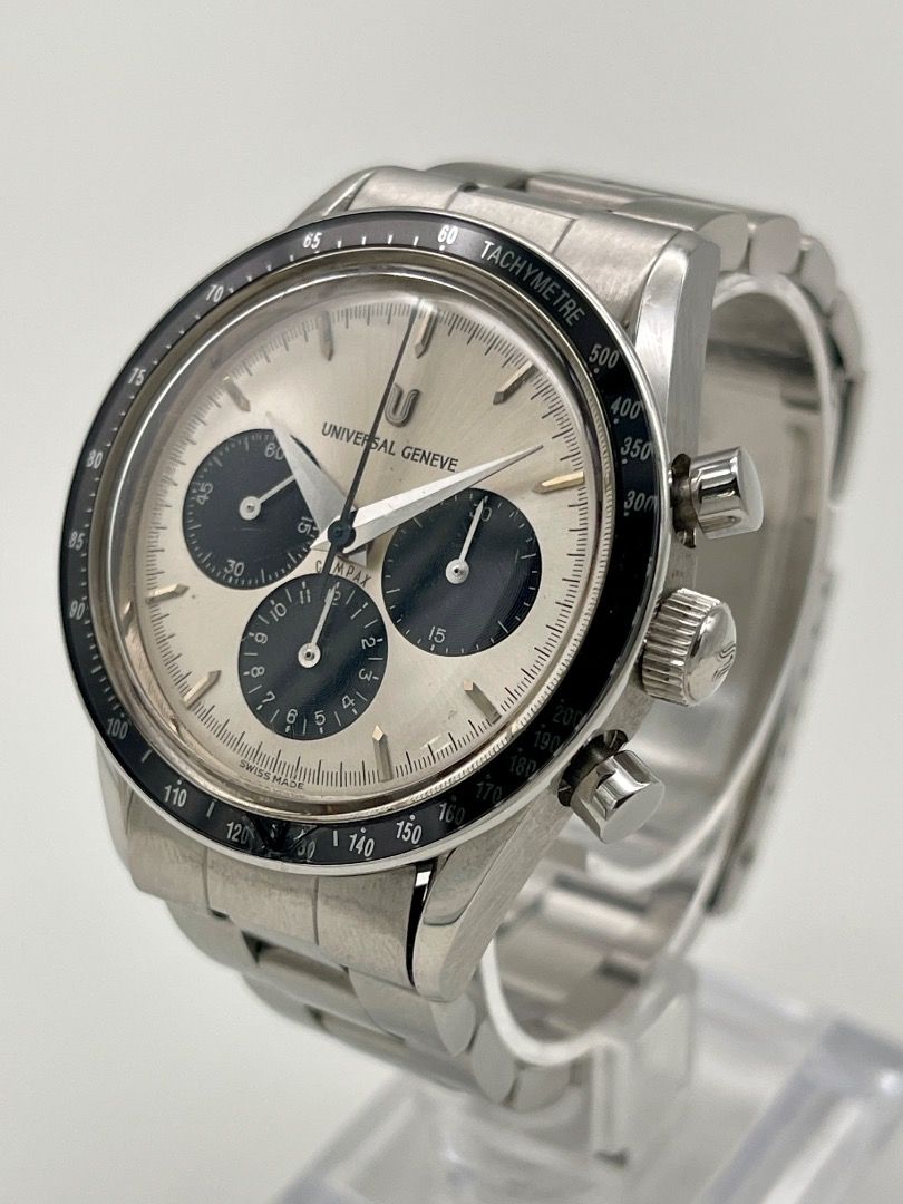 Universal Geneve Compax (Category: Luxury Watches) located in Calamba. Submitted by nikkoneko86 (Listing ID 1372323777, Image 2). Description: up for grabs is a Universal Geneve Compax Panda Dial Ref. 884.475 from the '90s. immaculate dial, 37mm case with some minor cosmetic imperfections consistent to its age, crown and pushers intact and authentic. ISSUE: small nick on the lower edge of the bezel. Lemania 1873 movement checked and serviced, all