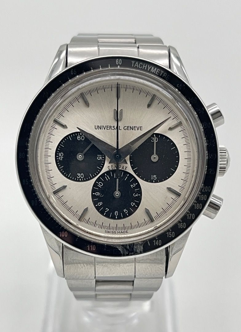 Universal Geneve Compax (Category: Luxury Watches) located in Calamba. Submitted by nikkoneko86 (Listing ID 1372323777, Image 1). Description: up for grabs is a Universal Geneve Compax Panda Dial Ref. 884.475 from the '90s. immaculate dial, 37mm case with some minor cosmetic imperfections consistent to its age, crown and pushers intact and authentic. ISSUE: small nick on the lower edge of the bezel. Lemania 1873 movement checked and serviced, all