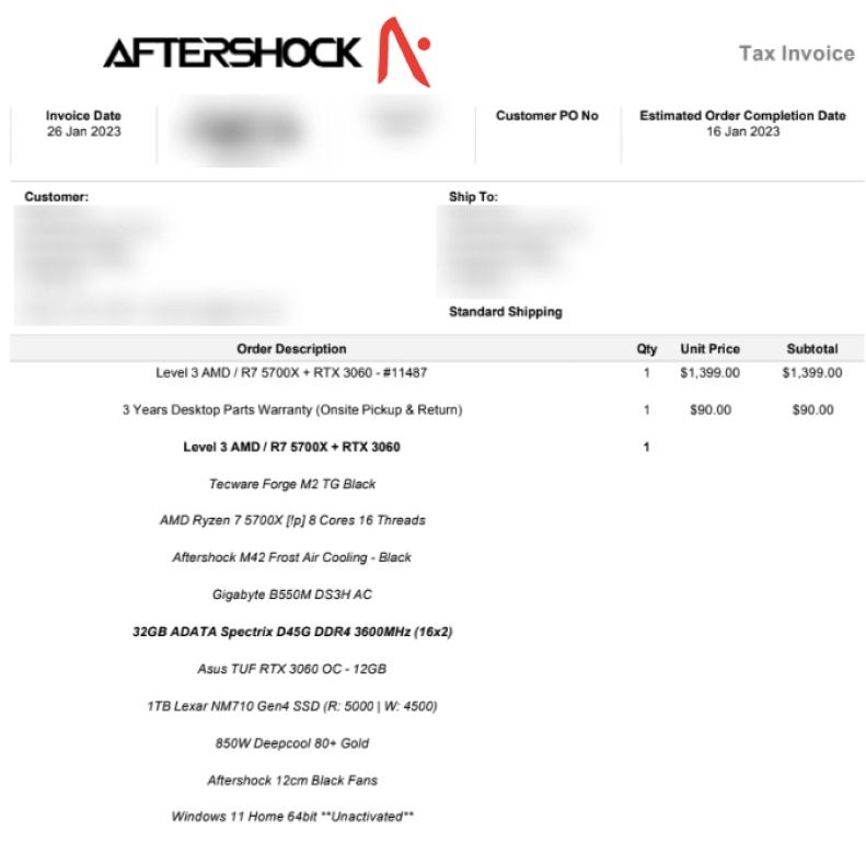 [Warranty till 16 Jan 2026] Aftershock Gaming/Modelling PC Level 3 AMD / R7 5700X + RTX 3060 (Category: Desktops) located in Singapore. Submitted by blackatarisshinjuku (Listing ID 1372290194, Image 2). Description: Bought in 2023 to do 3D modelling and game engine. Selling cos I gave up on the career path and wouldn't need the specs anymore SPECS Level 3 AMD / R7 5700X + RTX 3060 3 Years Desktop Parts Warranty (Onsite Pickup & Return) Level 3 AM