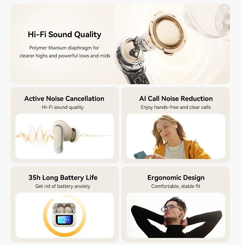 Wireless Bluetooth Earbuds with Full-Color LCD Display, ANC Noise-Cancelling, and Gaming-Optimized Audio (Category: Earphones) located in Singapore. Submitted by linjf05 (Listing ID 1372406747, Image 3). Description: Features: 1. Bluetooth 5.3 Technology: Enjoy smooth, stable connectivity with the advanced Bluetooth 5.3, offering low latency and reliable transmission for an immersive listening experience. 2. Full-Color LED Touchscreen: Equipped w