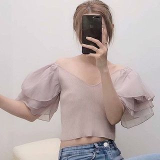 暗粉色一字領針織上衣 大碼64220931934850110