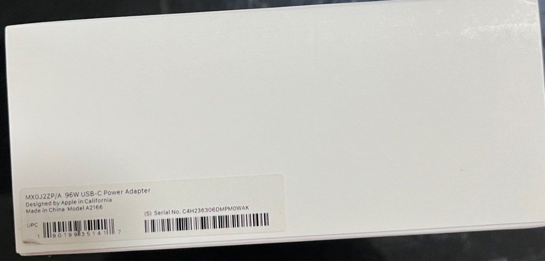 Apple 96W USB-C Power Adapter (Category: Cables & Adaptors) located in Singapore. Submitted by ashu.sg (Listing ID 1374086309, Image 3). Description: Sealed pack, never opened and original apple packing..