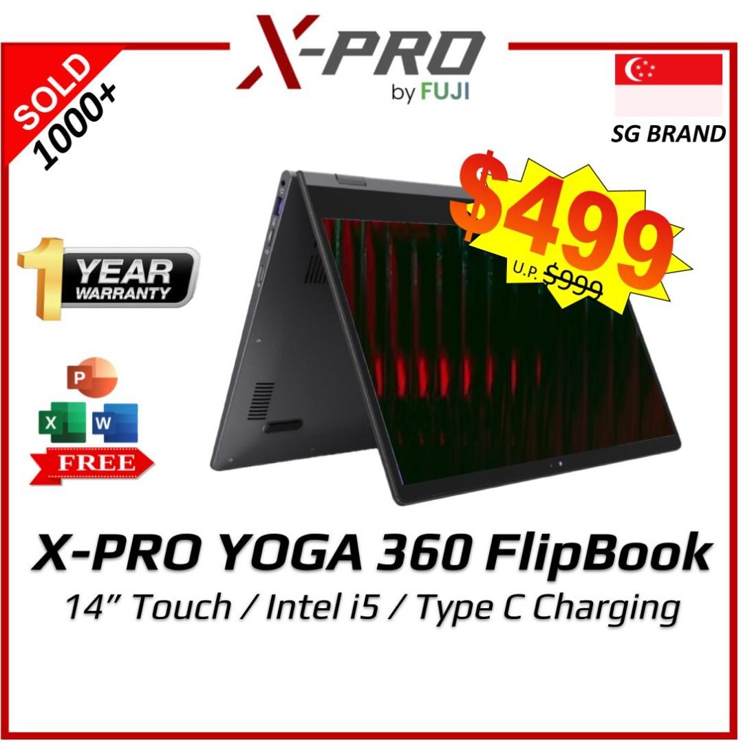 Brand New XPRO Yoga - Intel i5 - 14 Inch - 16GB RAM - Up to 512 GB SSD - Free MS Office - Windows 11 - Premium Feel - No Setup Needed - Sale!! - Instant Use - Buy Today! (Category: Laptops & Notebooks) located in Singapore. Submitted by buyatfuji (Listing ID 1374059876, Image 1). Description: 🚀𝐗-𝐏𝐑𝐎 𝐘𝐎𝐆𝐀 𝐅𝐥𝐢𝐩𝐁𝐨𝐨𝐤 -14 Inch - 360 Flip + Touchscreen - 4K IPS Display - Intel® Core™ i5- 7th Gen Processor - Fast and no Lag - 4GB / 8GB 