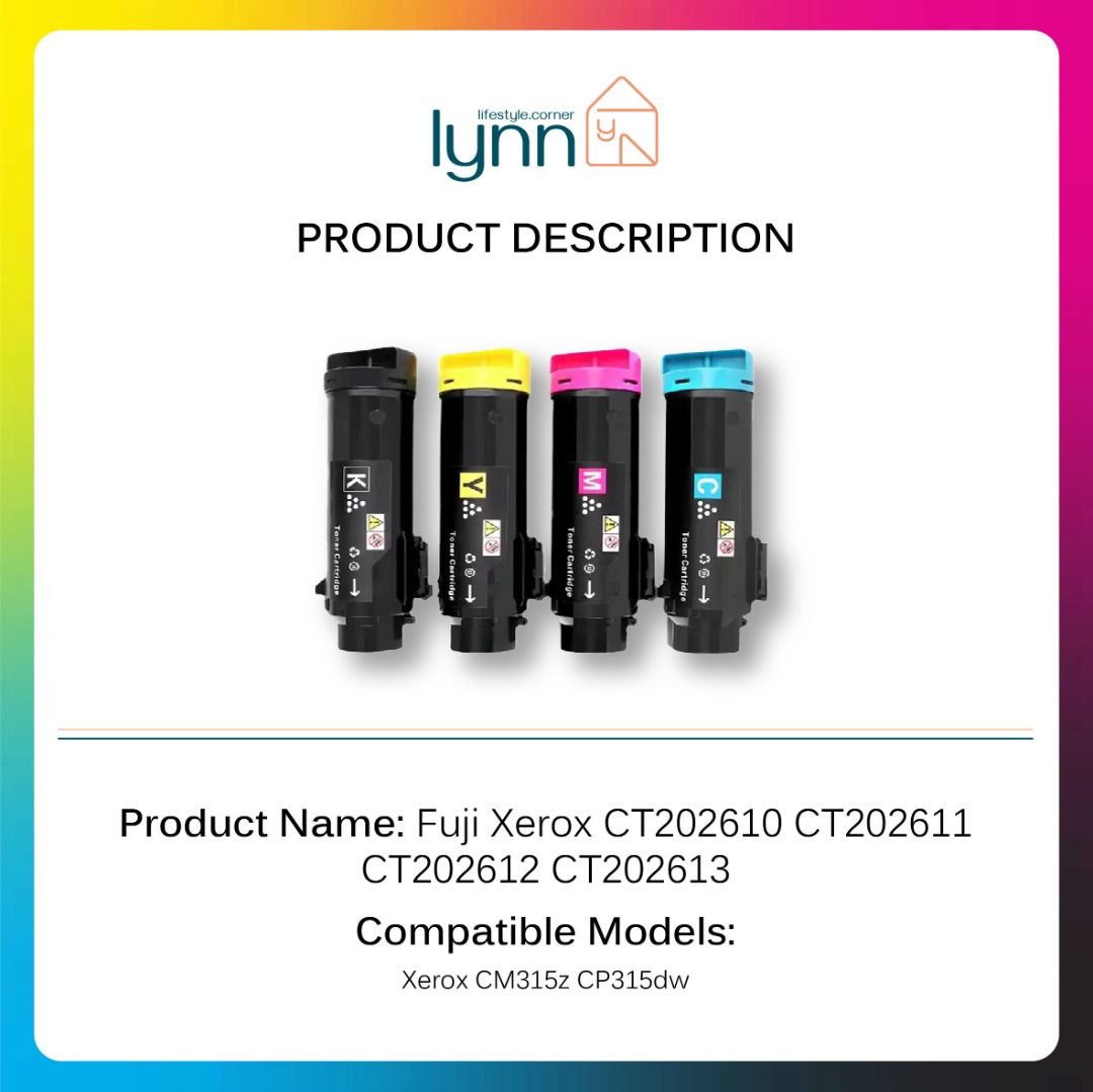 CP315 Compatible Fuji Xerox CT202610 CT202611 CT202612 CT202613 Toner Cartridge for CM315z CP315dw (Category: Printers, Scanners & Copiers) located in Singapore. Submitted by Fleurlynn_90 (Listing ID 1374103147, Image 2). Description: Product Name: Fuji Xerox CT202610 CT202611 CT202612 CT202613 Price: $45 Each , Set of 4 $175 Colour: Good Quality Colour ink Cartridge Page Yield: :Print up to 6000 pages with 5% covered pages Compatible Models: Xer