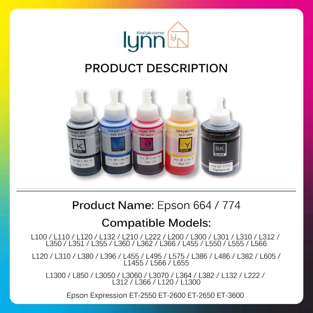 Epson 664 T664 Compatible Epson 774 T774 664 T664 ink for Epson L100 L110 L120 L132 L200 L210 L222 L300 L310 L355 (Category: Printers, Scanners & Copiers) located in Singapore. Submitted by Fleurlynn_90 (Listing ID 1374101012, Image 2). Description: Product Name: Epson 664 / 774 Price: Epson 664 $5 Each , Set of 4 $20 Epson 774 $8 Color: Black Cyan Magenta Yellow Ink Volume: 774 Black 140ml 664 Black 70ml 4500 pages , Cyan Magenta Yellow 70ml 650