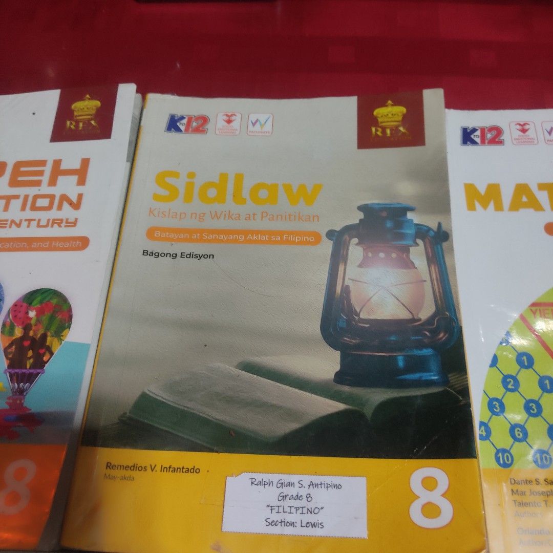 Grade 8 books (Category: Textbooks) located in Antipolo. Submitted by angelantipz (Listing ID 1374114838, Image 3). Description: I'm selling my son's grade 8 books *mapeh- *sidlaw- *siglo *D-Whiz- *Learning and living *Math *English *Values 250 each book take all for 2000 slightly negotiable.
