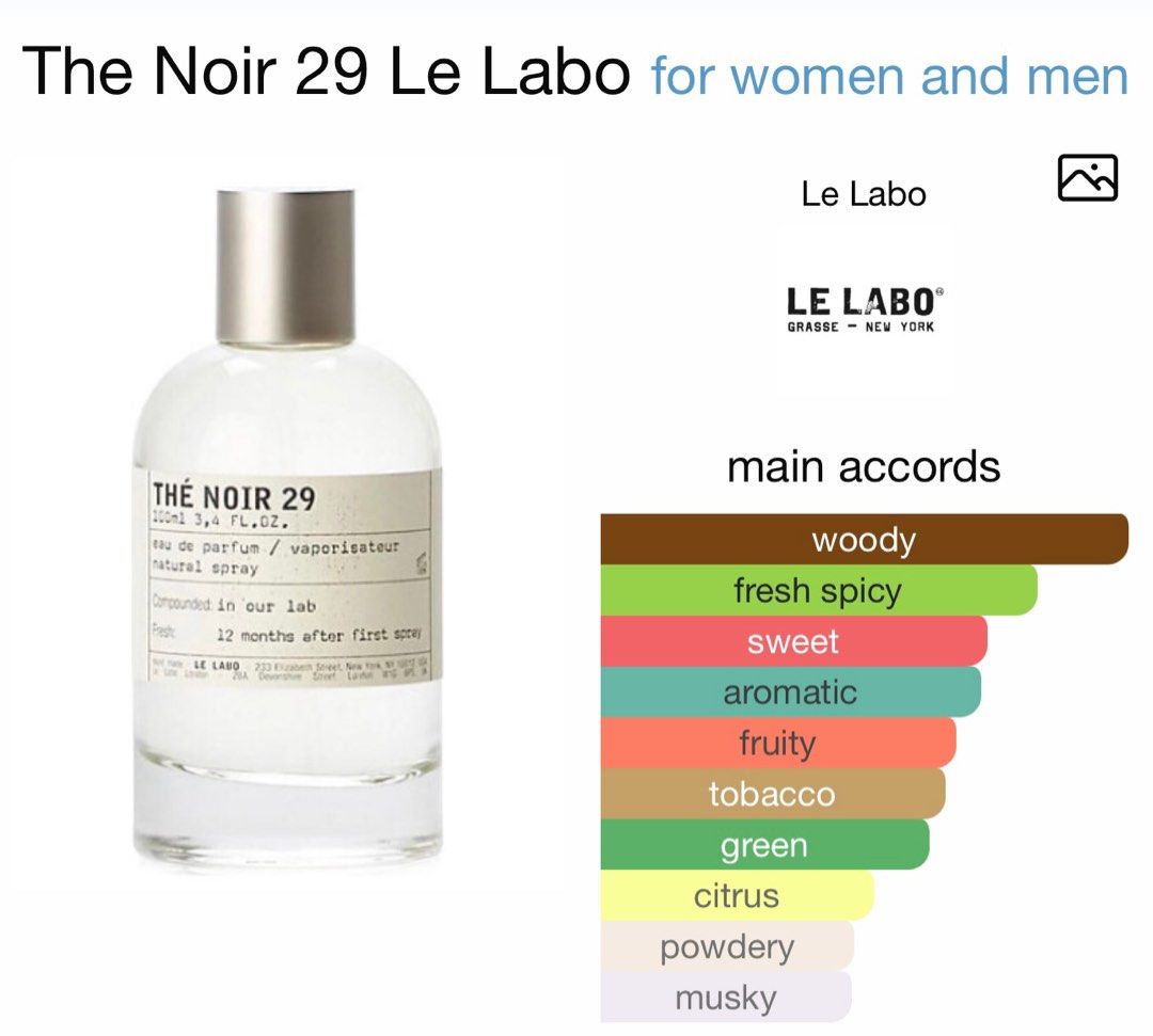 Le Labo The Noir 29 (Category: Fragrance & Deodorants) located in Manila. Submitted by summerfinds_mnl (Listing ID 1373990577, Image 1). Description: US Tester only. Pls manage your expectations Same bottle, same box. Brand new and sealed Last for 4-6 hours Location: Manila.