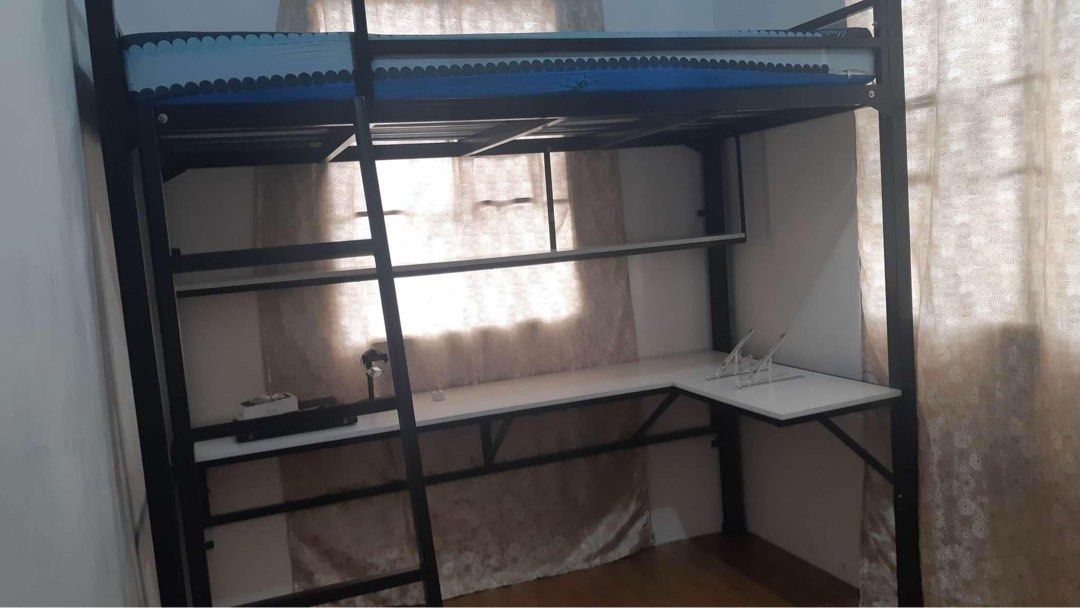 Loft bed with table (Category: Bed Frames & Mattresses) located in Rizal. Submitted by rsabado2819 (Listing ID 1373963816, Image 3). Description: Originally bought for 15k Fixed price for 8k We will disassemble from our house and assemble in your place Free shipping if Rizal, Quezon City, Pasig, Cainta, Taytay Heavy duty Loft bed with L type table But with signs of usage. You may repaint. Steel structure has no damage and intact. Foam not include