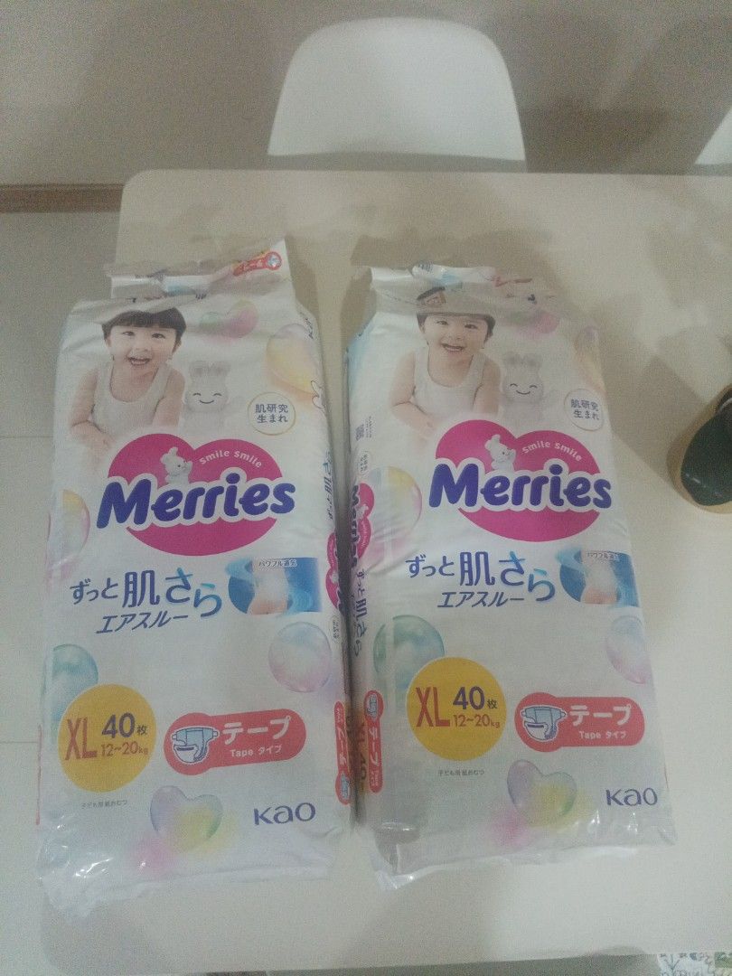 Merries Diapers (Category: Babies & Kids Fashion) located in Singapore. Submitted by crossplane (Listing ID 1374080503, Image 1). Description: merries size xl tape still new 1pack 22. if take two selling at 40.