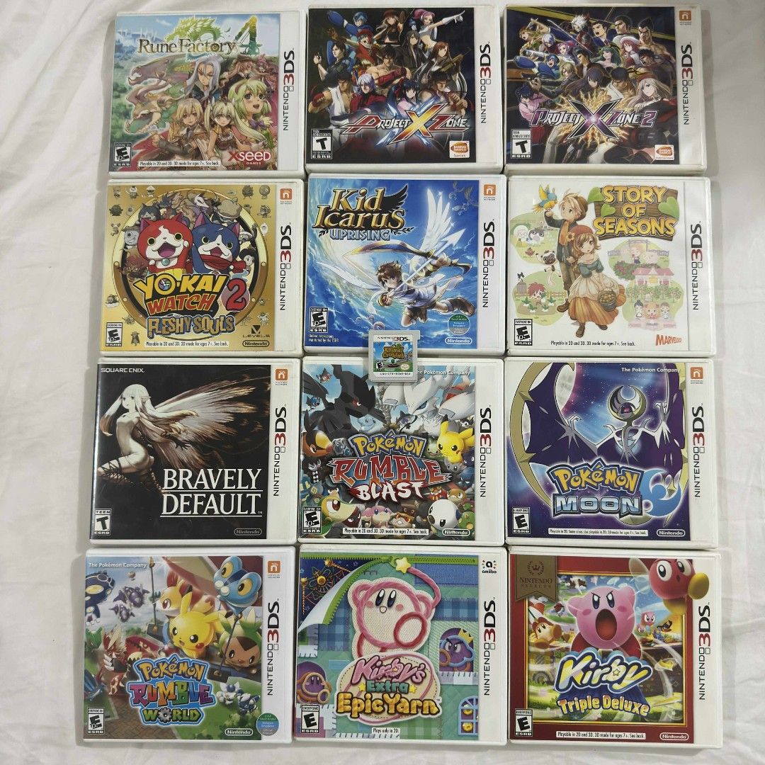 Nintendo 3DS Game (Category: Nintendo) located in Manila. Submitted by sweettotes_ph (Listing ID 1374123986, Image 1). Description: Rune Factory 4 - 600 Project X Zone - 1700 Project X Zone 2 - 3000 Yo-kai Watch 2: Fleshy Souls - 2200 Kid Icarus Uprising - 1500 Story of Seasons - 1000 Bravely Default - 1200 Pokemon Rumble Blast - 800 Pokemon Moon - 800 Pokemon Rumble World - 1500 Kirby's Extra Epic Yarn - 5000 Kirby Triple Deluxe - 750 No issues 