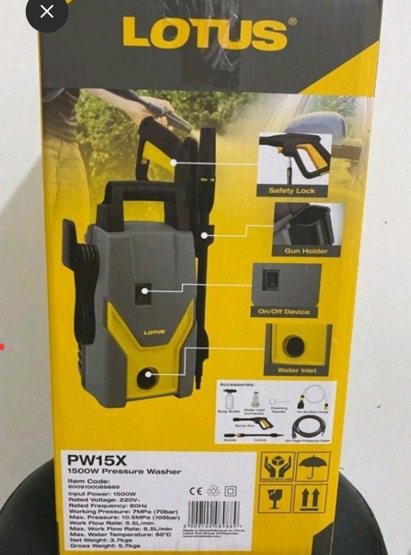 Pressure water (Category: Cleaning Tools & Supplies) located in Makati City. Submitted by smith_1 (Listing ID 1374018792, Image 1). Description: Lotus Pressure Washer 1500W Car Washer Machine Power Spray Wash Sprayer Water Spray Portable Handheld Watering & Cleaning Water Gun with Soap Bottle & Inlet Hose |100% ORIGINAL / AUTHENTIC LPT NOTE; - PLEASE TRYIT FIRST IN RUNNING WATER FROM A FAUCET BEFORE TRYING TO SUCK WATER FROM A PAIL. SPECIFICATION