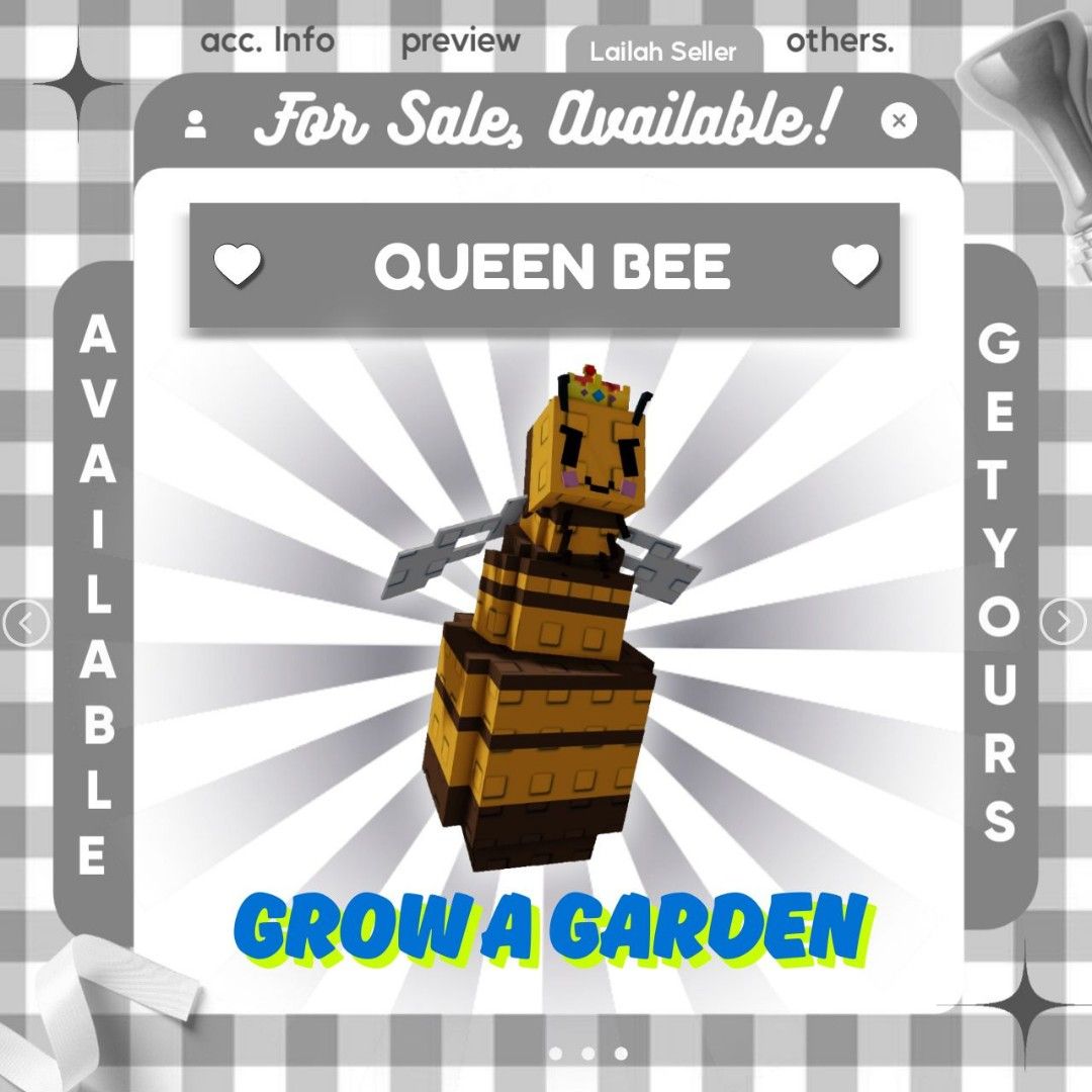 QUEEN BEE | PET| GROW A GARDEN | ROBLOX (Category: In-Game Products) located in Baliuag. Submitted by sxmplycollections (Listing ID 1374052199, Image 1). Description: 🌷 Welcome to SxmplyCollections Shop! 🌷 Are you looking for a specific pet? Allow me to assist you in finding the perfect one. How to Purchase: 1️⃣ Kindly provide a picture of the pet you wish to purchase. 2️⃣ Once we have finalized the agreement, I will send you the necessary paym