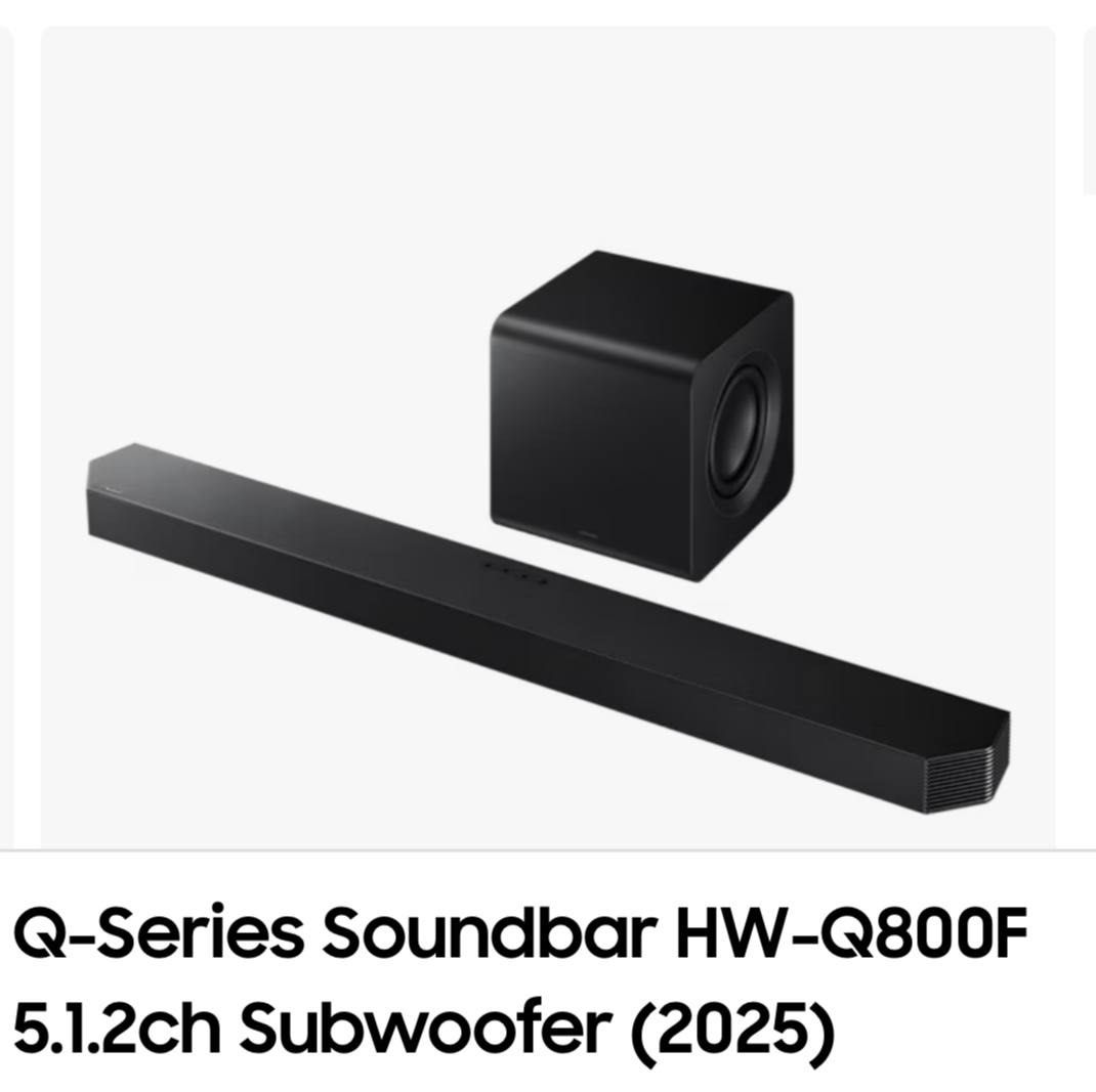 Samsung Q-Series Soundbar HW-Q800F 5.1.2ch Subwoofer (2025) (Category: Soundbars, Speakers & Amplifiers) located in Singapore. Submitted by pinkmochiiii (Listing ID 1374041124, Image 1). Description: Brand New (Sealed in original packaging!) 1 Year Samsung local warranty Order placed in June 2025 Net dimensions in mm (W × H × D): Main speaker: 1,110.7 × 60.4 × 120.0 Subwoofer: 249.0 × 251.8 × 249.0 DM for more info. Slight nego for fast deal. (Lo