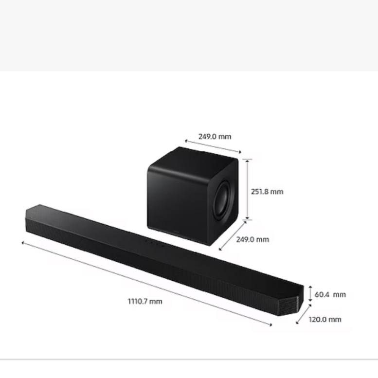 Samsung Q-Series Soundbar HW-Q800F 5.1.2ch Subwoofer (2025) (Category: Soundbars, Speakers & Amplifiers) located in Singapore. Submitted by pinkmochiiii (Listing ID 1374041124, Image 2). Description: Brand New (Sealed in original packaging!) 1 Year Samsung local warranty Order placed in June 2025 Net dimensions in mm (W × H × D): Main speaker: 1,110.7 × 60.4 × 120.0 Subwoofer: 249.0 × 251.8 × 249.0 DM for more info. Slight nego for fast deal. (Lo