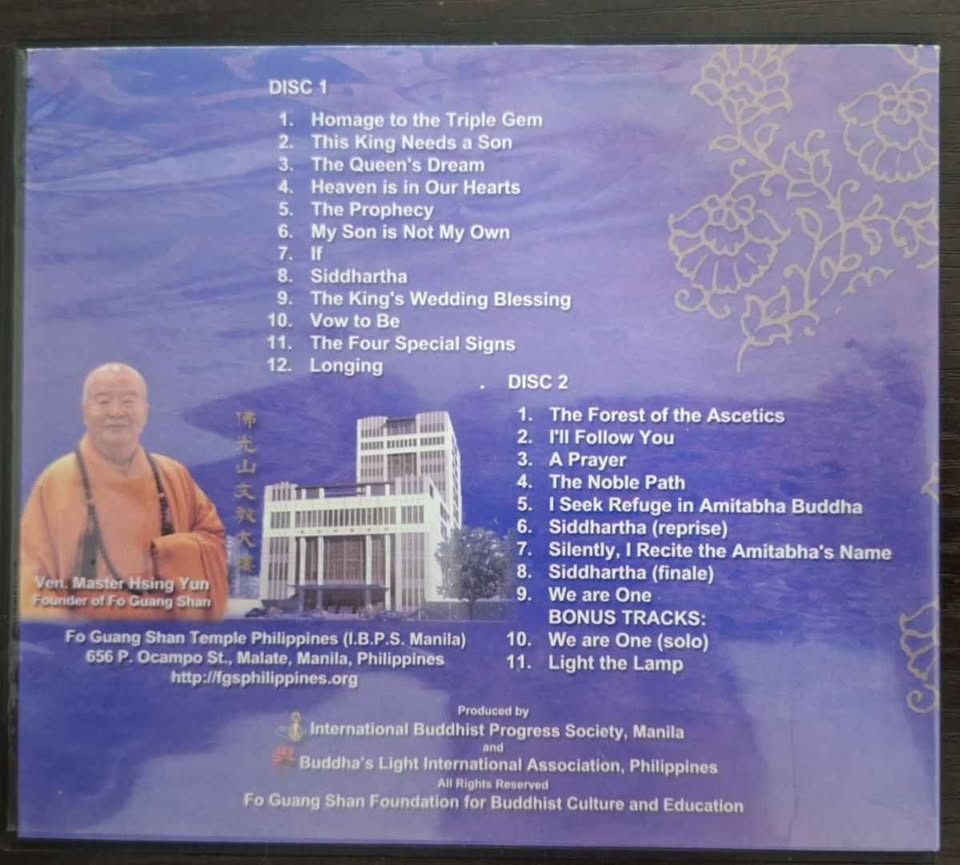 Siddartha Meditation Music CD (Category: CDs & DVDs) located in Manila. Submitted by dlssbc (Listing ID 1374077045, Image 2). Description: WTS LFB Siddartha: A Musical Journey to Enlightenment 2 disc CD album containing meditation songs about the life and teachings of Gautama Siddartha Buddha. Based on poetry and verses of Venerable Master Hsing Yun of Fo Guang Shan Temple Philippines (International Buddhist Progress Society) Condition: Near Mint