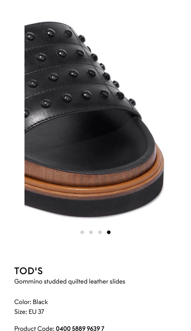 Tod’s Gommino studded quilted leather slide (Category: Flats & Sandals) located in Manila. Submitted by belletsy (Listing ID 1374037218, Image 3). Description: Original 100% calf-skin leather open round toe quilted leather studded slip on with rubber sole Made in Italy.